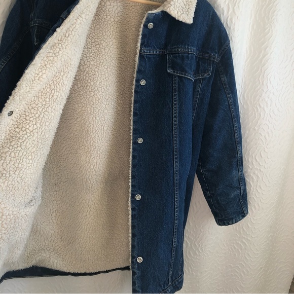 Vintage Denim White Sherpa Lined Shacket Button Up Jacket Dark Wash Work Coat - Picture 4 of 16